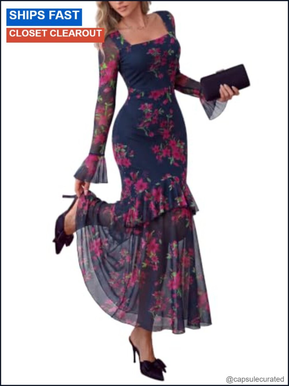 Womens Floral Mesh Long Sleeve Maxi Dress Square Neck Bell Sleeve Ruffl